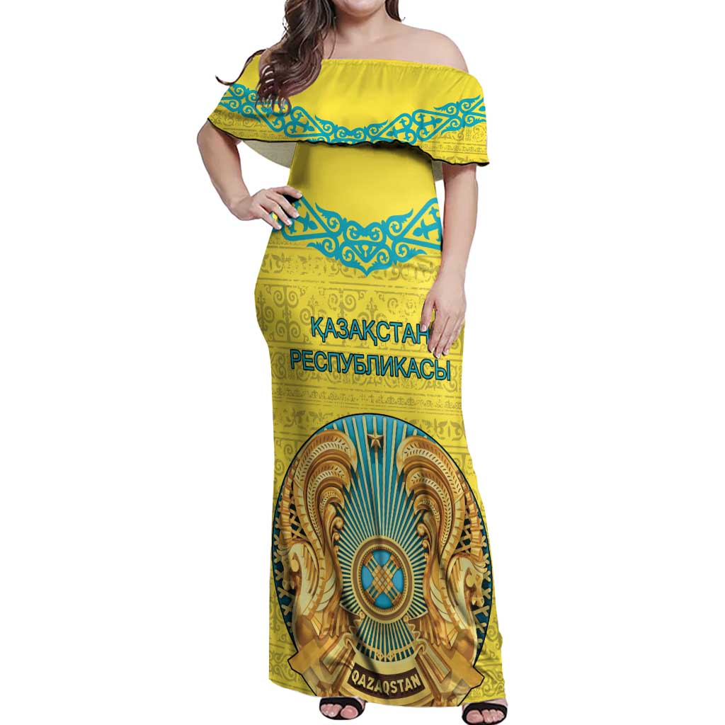 Personalized Kazakhstan Emblem Off Shoulder Maxi Dress Kazakh Pattern