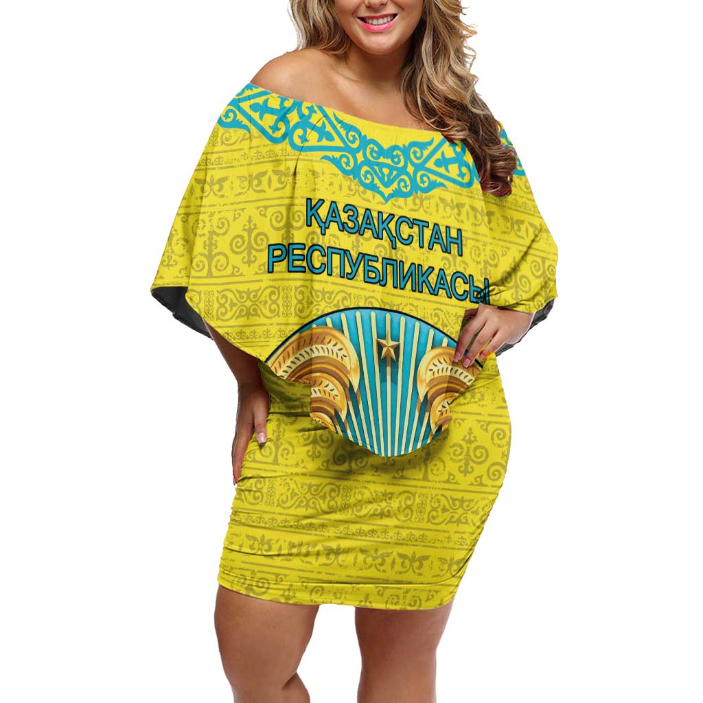 Personalized Kazakhstan Emblem Off Shoulder Short Dress Kazakh Pattern