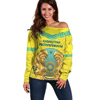 Personalized Kazakhstan Emblem Off Shoulder Sweater Kazakh Pattern