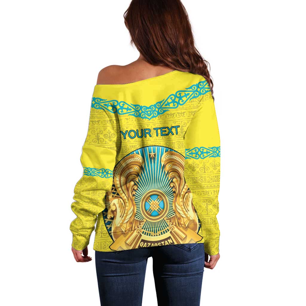 Personalized Kazakhstan Emblem Off Shoulder Sweater Kazakh Pattern