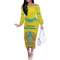 Personalized Kazakhstan Emblem Off The Shoulder Long Sleeve Dress Kazakh Pattern