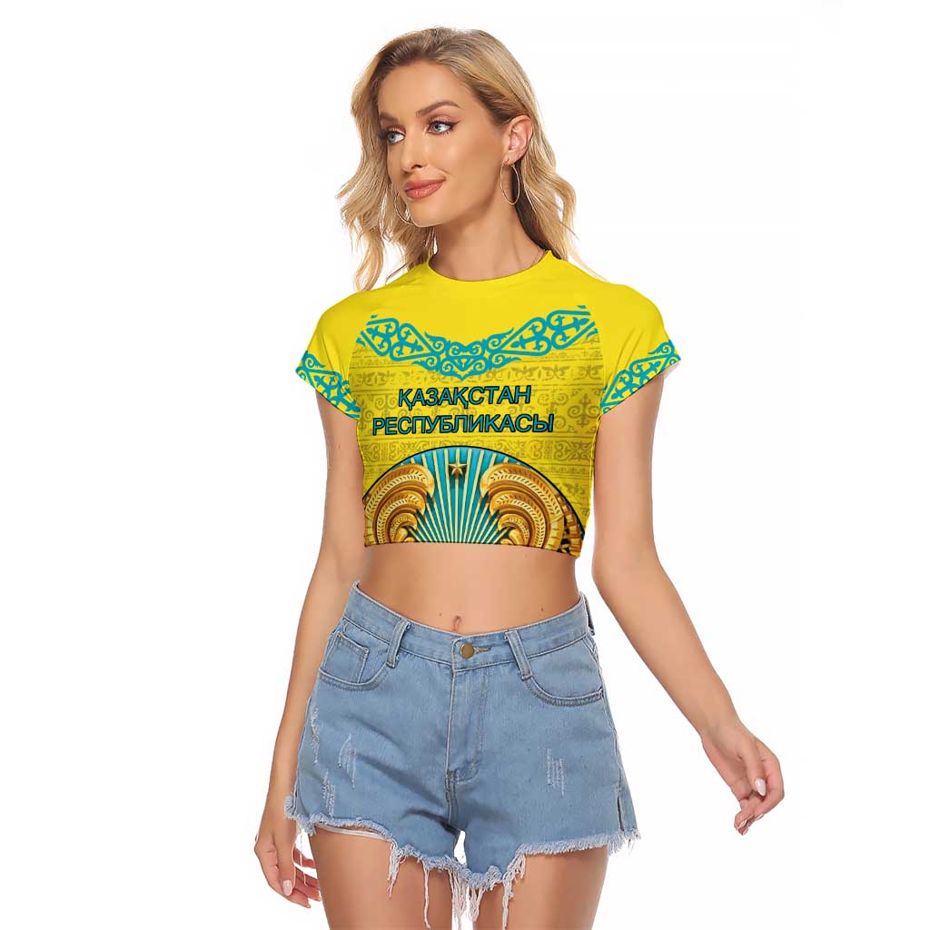 Personalized Kazakhstan Emblem Raglan Cropped T Shirt Kazakh Pattern