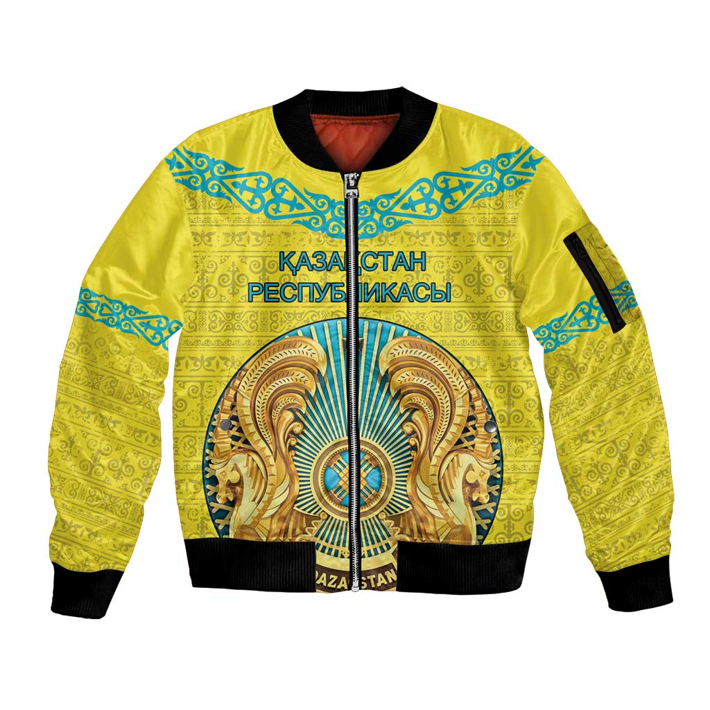 Personalized Kazakhstan Emblem Sleeve Zip Bomber Jacket Kazakh Pattern