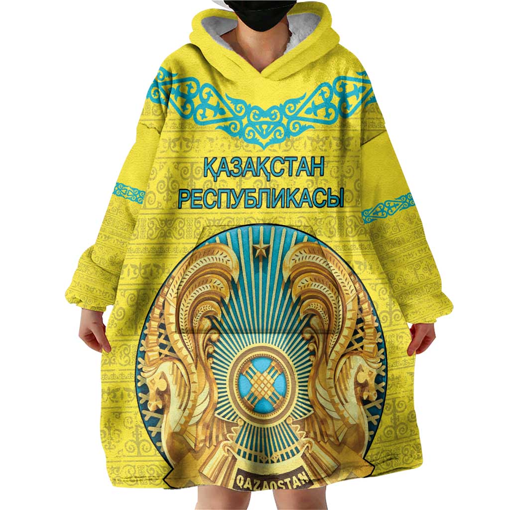 Personalized Kazakhstan Emblem Wearable Blanket Hoodie Kazakh Pattern