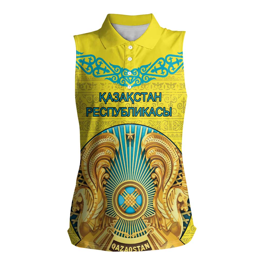 Personalized Kazakhstan Emblem Women Sleeveless Polo Shirt Kazakh Pattern