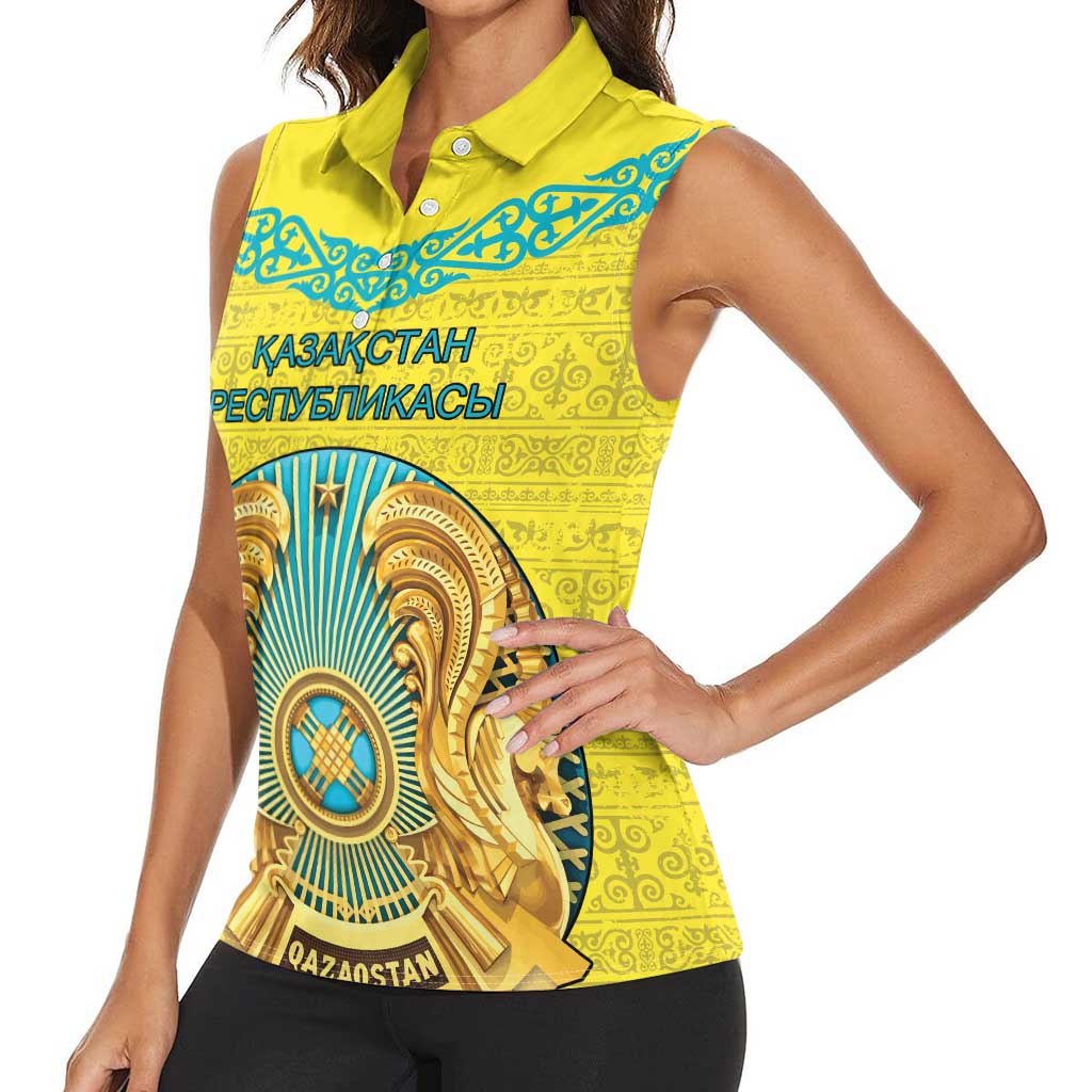 Personalized Kazakhstan Emblem Women Sleeveless Polo Shirt Kazakh Pattern