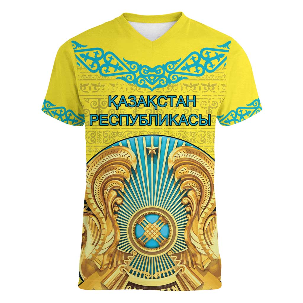 Personalized Kazakhstan Emblem Women V-Neck T-Shirt Kazakh Pattern
