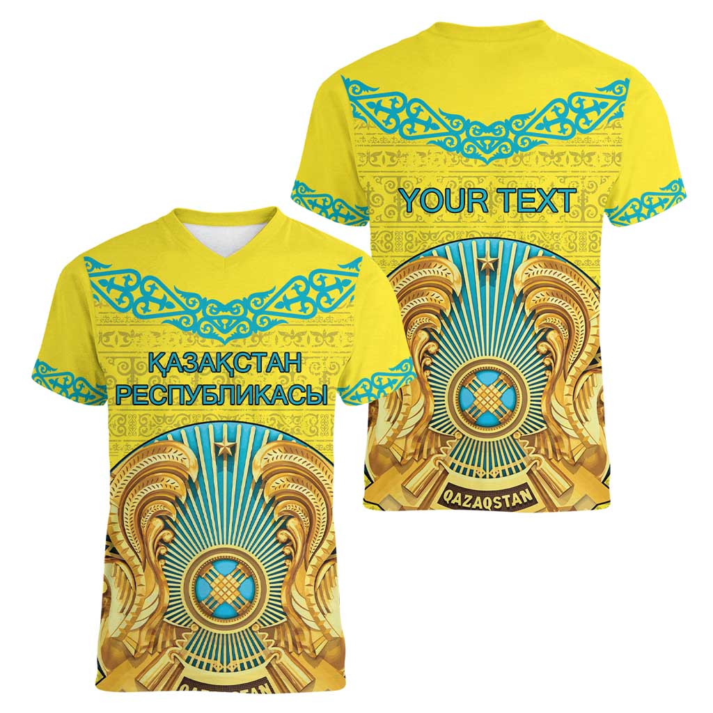 Personalized Kazakhstan Emblem Women V-Neck T-Shirt Kazakh Pattern