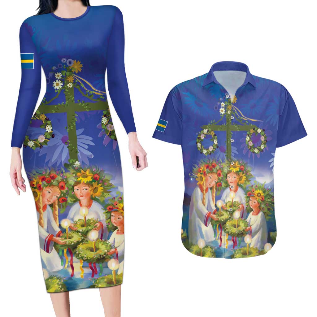 Swedish Glad Midsommar Couples Matching Long Sleeve Bodycon Dress and Hawaiian Shirt Hade du en bra Midsommar