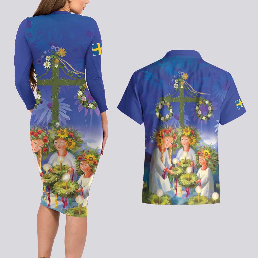 Swedish Glad Midsommar Couples Matching Long Sleeve Bodycon Dress and Hawaiian Shirt Hade du en bra Midsommar