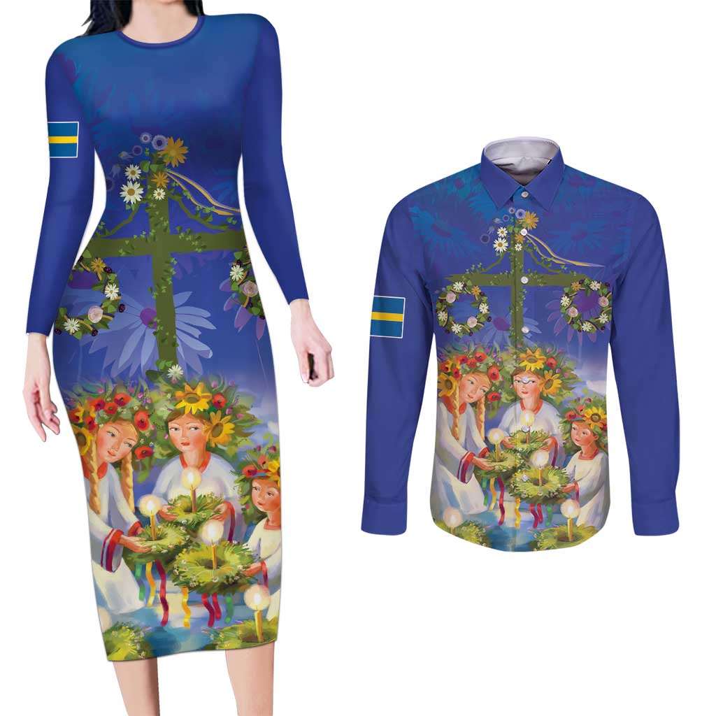 Swedish Glad Midsommar Couples Matching Long Sleeve Bodycon Dress and Long Sleeve Button Shirt Hade du en bra Midsommar
