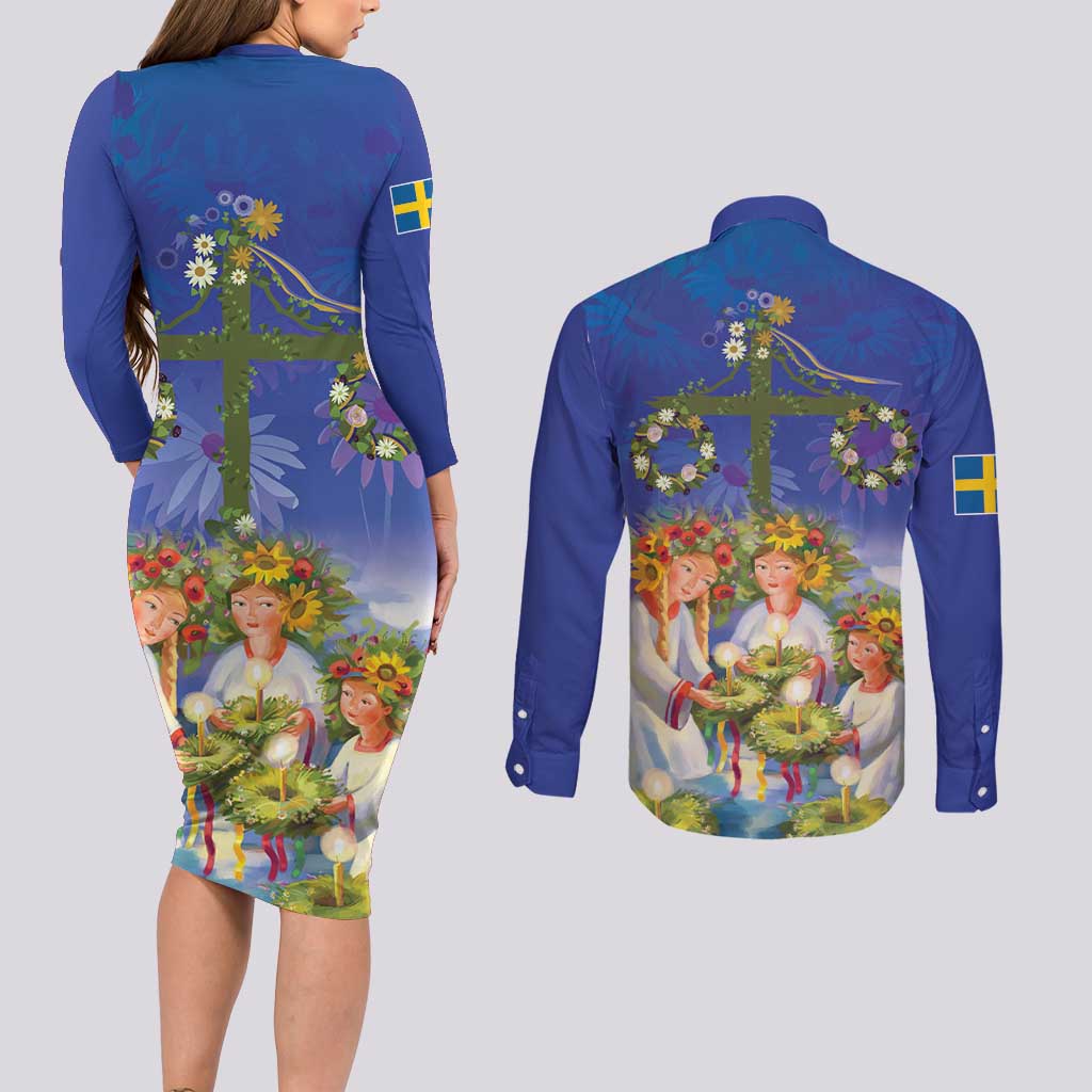 Swedish Glad Midsommar Couples Matching Long Sleeve Bodycon Dress and Long Sleeve Button Shirt Hade du en bra Midsommar