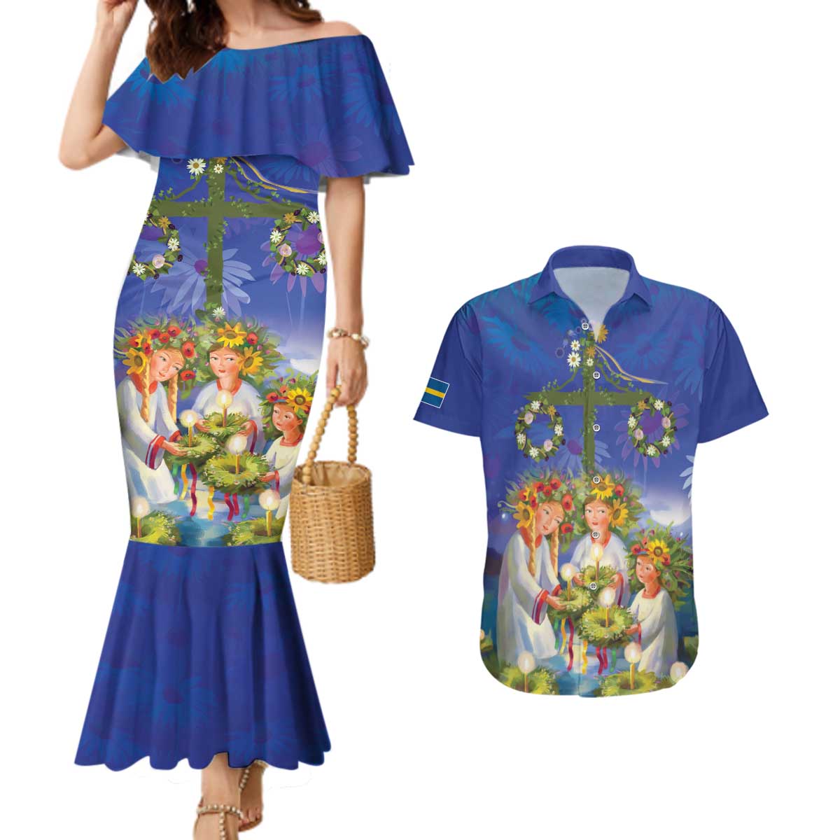 Swedish Glad Midsommar Couples Matching Mermaid Dress and Hawaiian Shirt Hade du en bra Midsommar