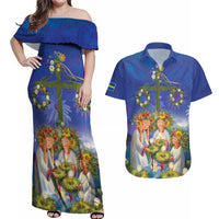 Swedish Glad Midsommar Couples Matching Off Shoulder Maxi Dress and Hawaiian Shirt Hade du en bra Midsommar