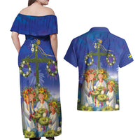 Swedish Glad Midsommar Couples Matching Off Shoulder Maxi Dress and Hawaiian Shirt Hade du en bra Midsommar