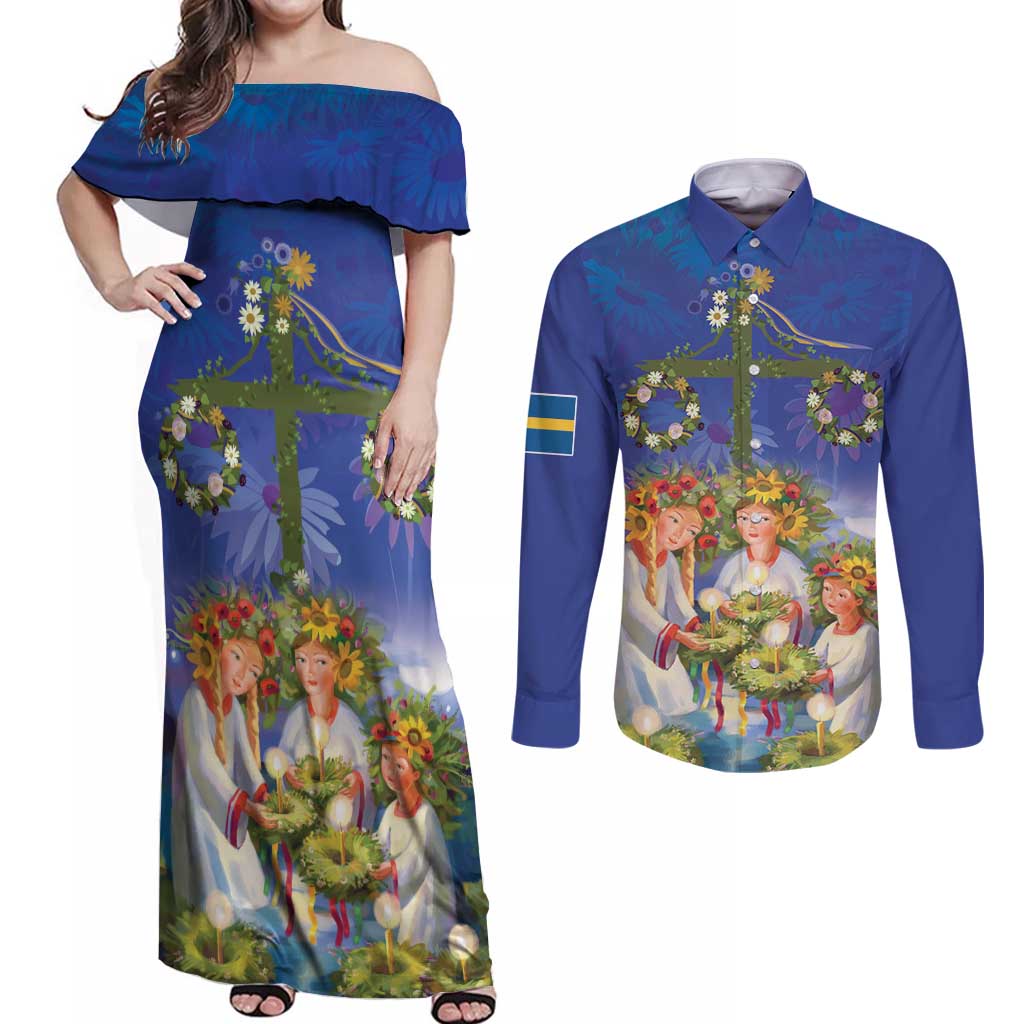 Swedish Glad Midsommar Couples Matching Off Shoulder Maxi Dress and Long Sleeve Button Shirt Hade du en bra Midsommar