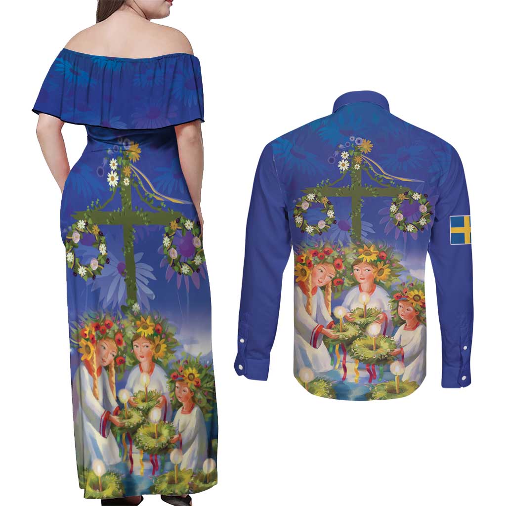 Swedish Glad Midsommar Couples Matching Off Shoulder Maxi Dress and Long Sleeve Button Shirt Hade du en bra Midsommar