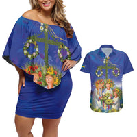 Swedish Glad Midsommar Couples Matching Off Shoulder Short Dress and Hawaiian Shirt Hade du en bra Midsommar