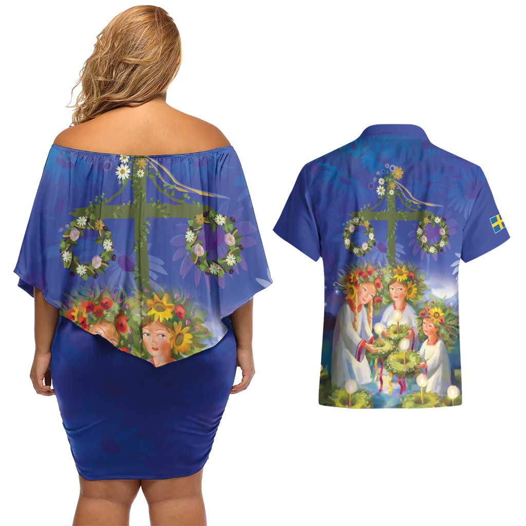 Swedish Glad Midsommar Couples Matching Off Shoulder Short Dress and Hawaiian Shirt Hade du en bra Midsommar
