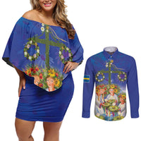 Swedish Glad Midsommar Couples Matching Off Shoulder Short Dress and Long Sleeve Button Shirt Hade du en bra Midsommar