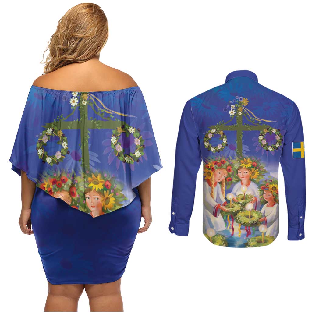 Swedish Glad Midsommar Couples Matching Off Shoulder Short Dress and Long Sleeve Button Shirt Hade du en bra Midsommar