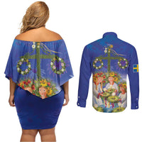 Swedish Glad Midsommar Couples Matching Off Shoulder Short Dress and Long Sleeve Button Shirt Hade du en bra Midsommar