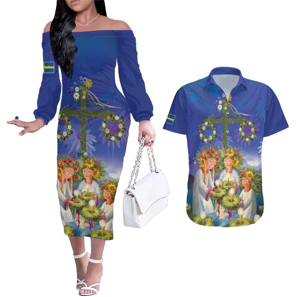 Swedish Glad Midsommar Couples Matching Off The Shoulder Long Sleeve Dress and Hawaiian Shirt Hade du en bra Midsommar