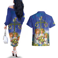 Swedish Glad Midsommar Couples Matching Off The Shoulder Long Sleeve Dress and Hawaiian Shirt Hade du en bra Midsommar