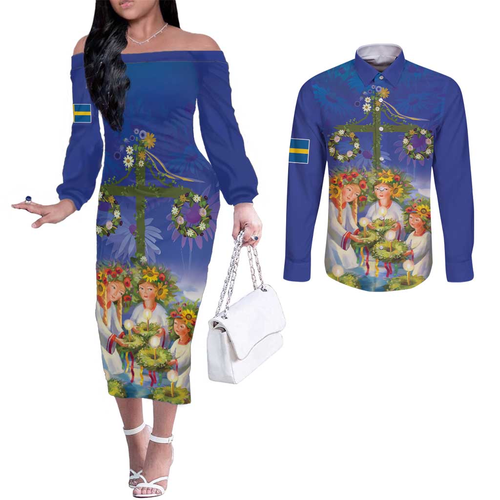 Swedish Glad Midsommar Couples Matching Off The Shoulder Long Sleeve Dress and Long Sleeve Button Shirt Hade du en bra Midsommar
