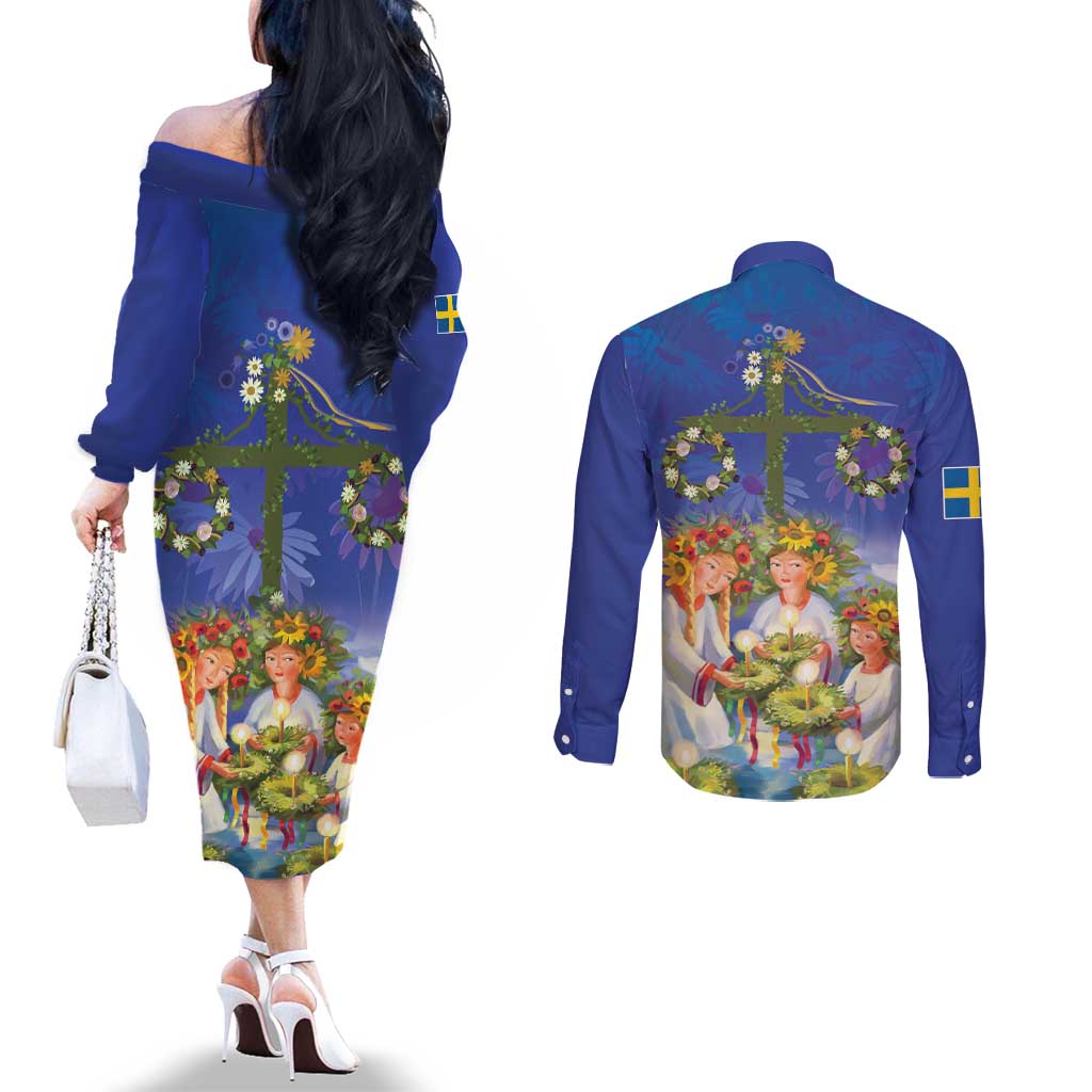 Swedish Glad Midsommar Couples Matching Off The Shoulder Long Sleeve Dress and Long Sleeve Button Shirt Hade du en bra Midsommar