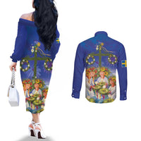 Swedish Glad Midsommar Couples Matching Off The Shoulder Long Sleeve Dress and Long Sleeve Button Shirt Hade du en bra Midsommar