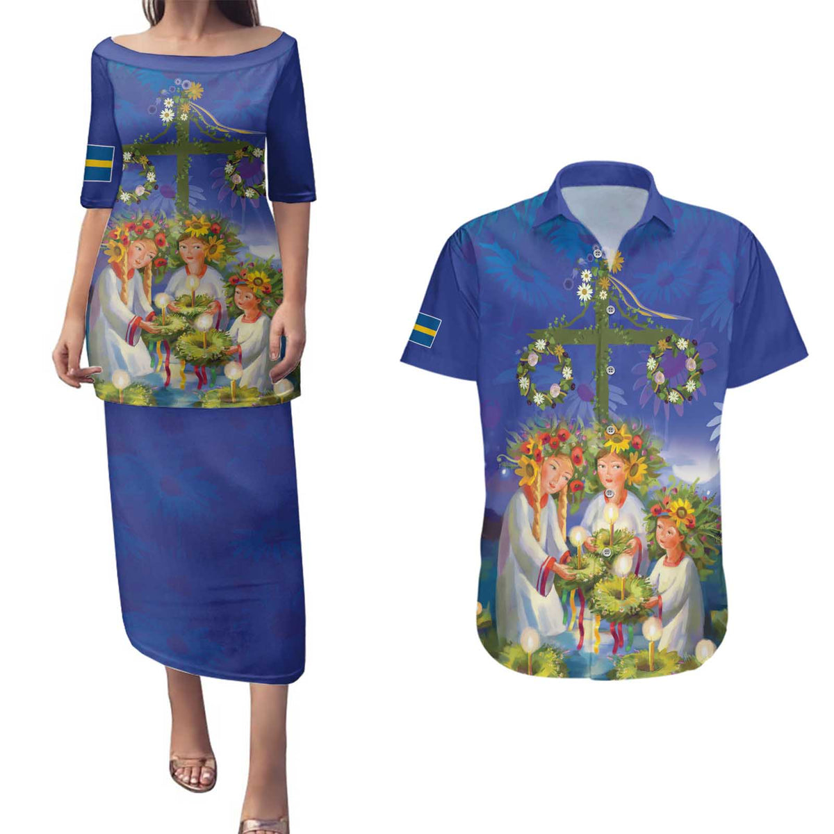 Swedish Glad Midsommar Couples Matching Puletasi and Hawaiian Shirt Hade du en bra Midsommar