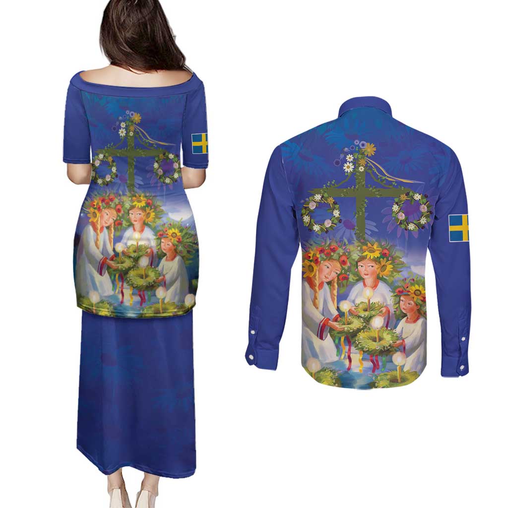 Swedish Glad Midsommar Couples Matching Puletasi and Long Sleeve Button Shirt Hade du en bra Midsommar