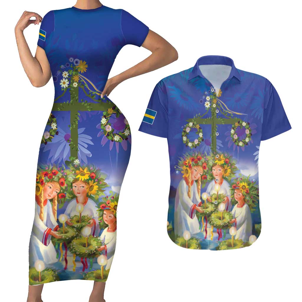 Swedish Glad Midsommar Couples Matching Short Sleeve Bodycon Dress and Hawaiian Shirt Hade du en bra Midsommar