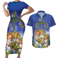 Swedish Glad Midsommar Couples Matching Short Sleeve Bodycon Dress and Hawaiian Shirt Hade du en bra Midsommar