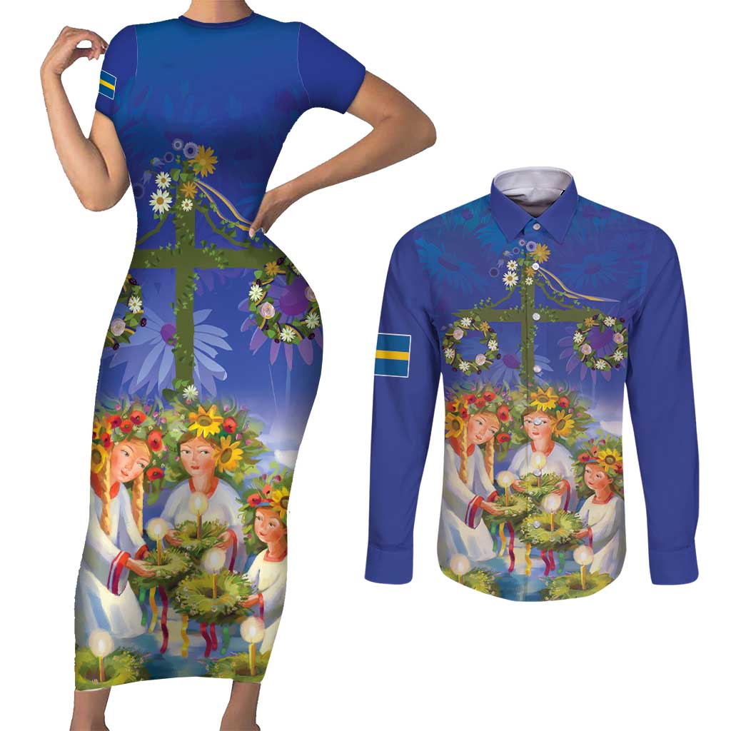 Swedish Glad Midsommar Couples Matching Short Sleeve Bodycon Dress and Long Sleeve Button Shirt Hade du en bra Midsommar