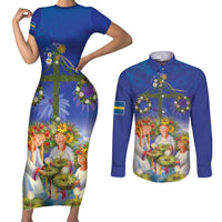 Swedish Glad Midsommar Couples Matching Short Sleeve Bodycon Dress and Long Sleeve Button Shirt Hade du en bra Midsommar