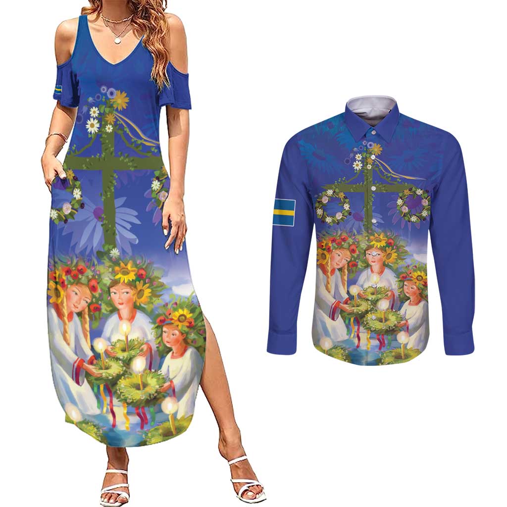 Swedish Glad Midsommar Couples Matching Summer Maxi Dress and Long Sleeve Button Shirt Hade du en bra Midsommar