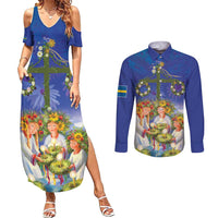 Swedish Glad Midsommar Couples Matching Summer Maxi Dress and Long Sleeve Button Shirt Hade du en bra Midsommar