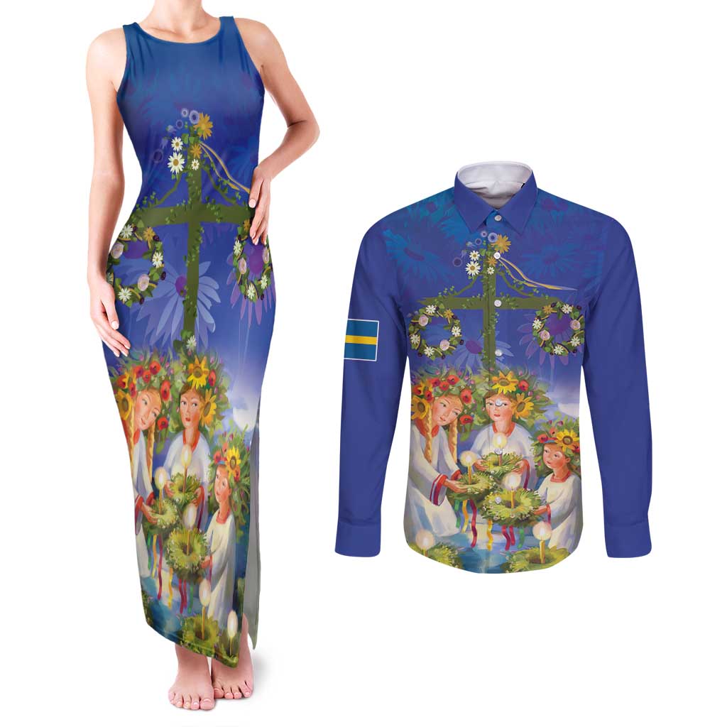 Swedish Glad Midsommar Couples Matching Tank Maxi Dress and Long Sleeve Button Shirt Hade du en bra Midsommar