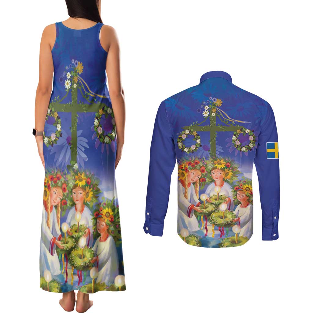 Swedish Glad Midsommar Couples Matching Tank Maxi Dress and Long Sleeve Button Shirt Hade du en bra Midsommar