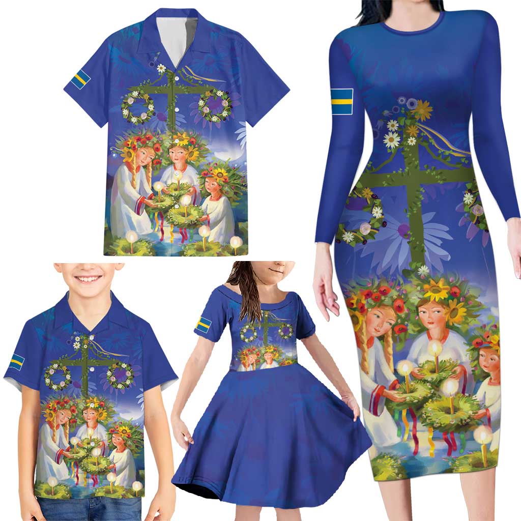 Swedish Glad Midsommar Family Matching Long Sleeve Bodycon Dress and Hawaiian Shirt Hade du en bra Midsommar