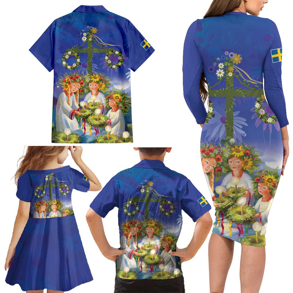 Swedish Glad Midsommar Family Matching Long Sleeve Bodycon Dress and Hawaiian Shirt Hade du en bra Midsommar
