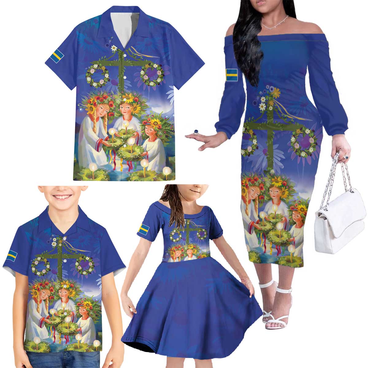 Swedish Glad Midsommar Family Matching Off The Shoulder Long Sleeve Dress and Hawaiian Shirt Hade du en bra Midsommar