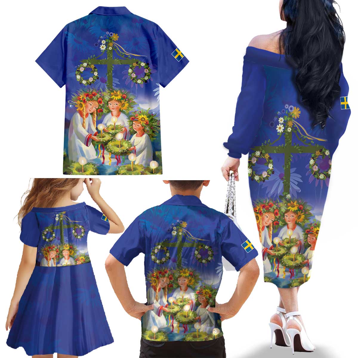 Swedish Glad Midsommar Family Matching Off The Shoulder Long Sleeve Dress and Hawaiian Shirt Hade du en bra Midsommar