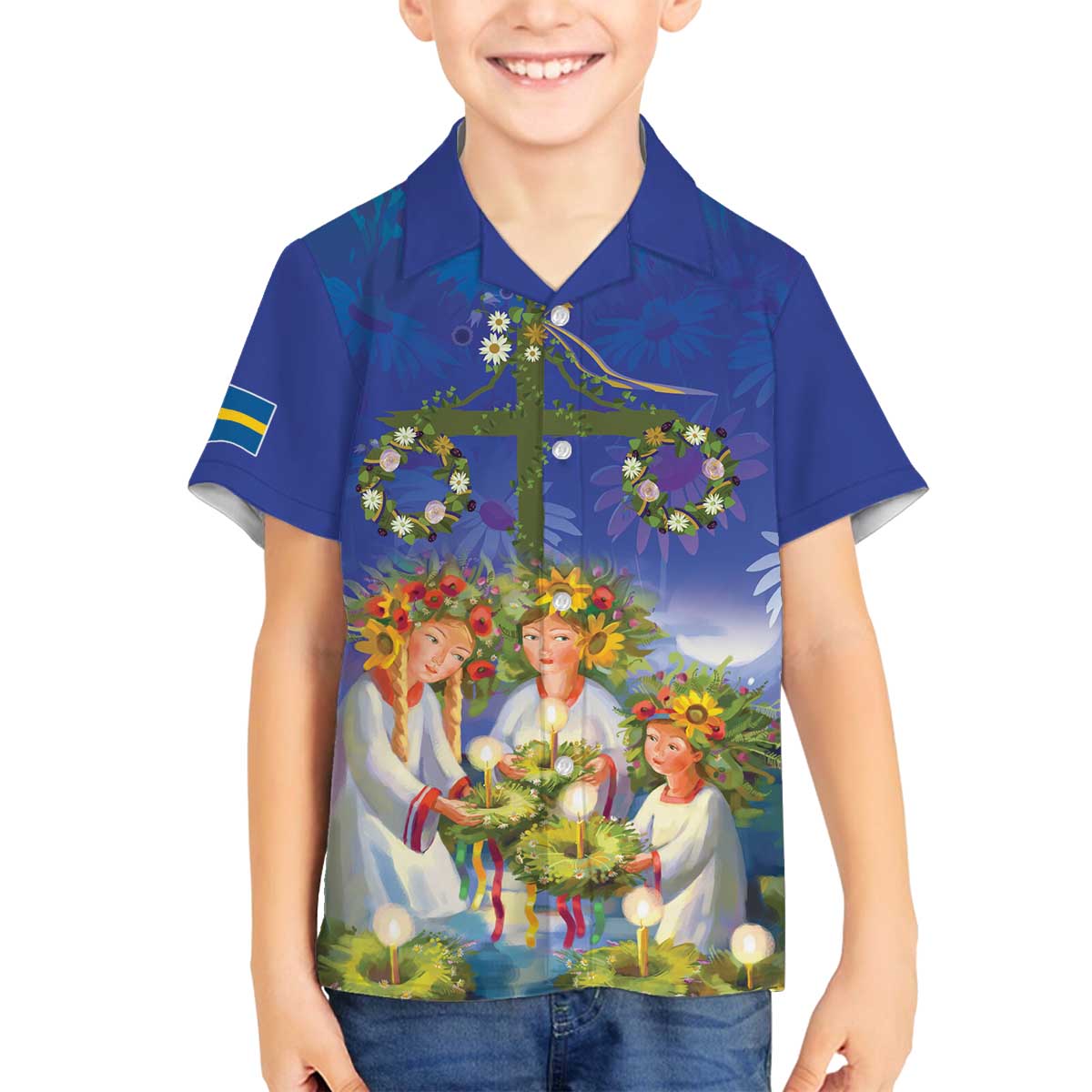 Swedish Glad Midsommar Family Matching Off The Shoulder Long Sleeve Dress and Hawaiian Shirt Hade du en bra Midsommar