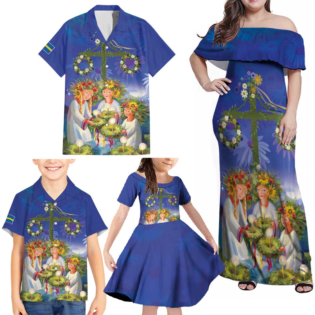 Swedish Glad Midsommar Family Matching Off Shoulder Maxi Dress and Hawaiian Shirt Hade du en bra Midsommar
