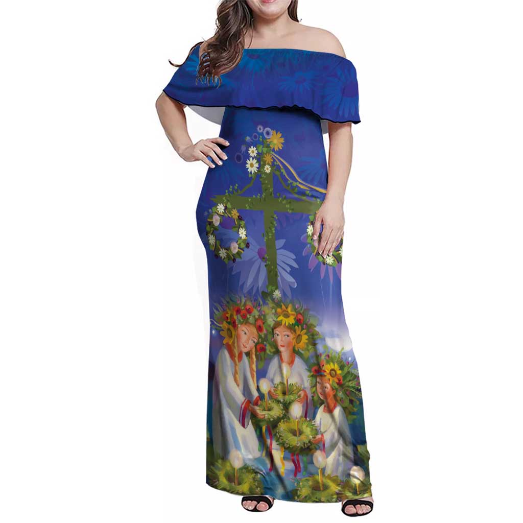 Swedish Glad Midsommar Family Matching Off Shoulder Maxi Dress and Hawaiian Shirt Hade du en bra Midsommar