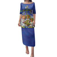 Swedish Glad Midsommar Family Matching Puletasi and Hawaiian Shirt Hade du en bra Midsommar