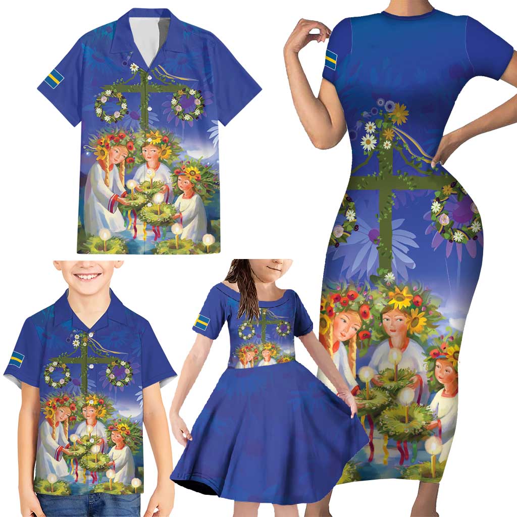 Swedish Glad Midsommar Family Matching Short Sleeve Bodycon Dress and Hawaiian Shirt Hade du en bra Midsommar